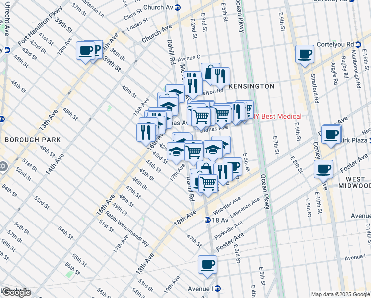 map of restaurants, bars, coffee shops, grocery stores, and more near Dahill Road & 41st Street in Brooklyn