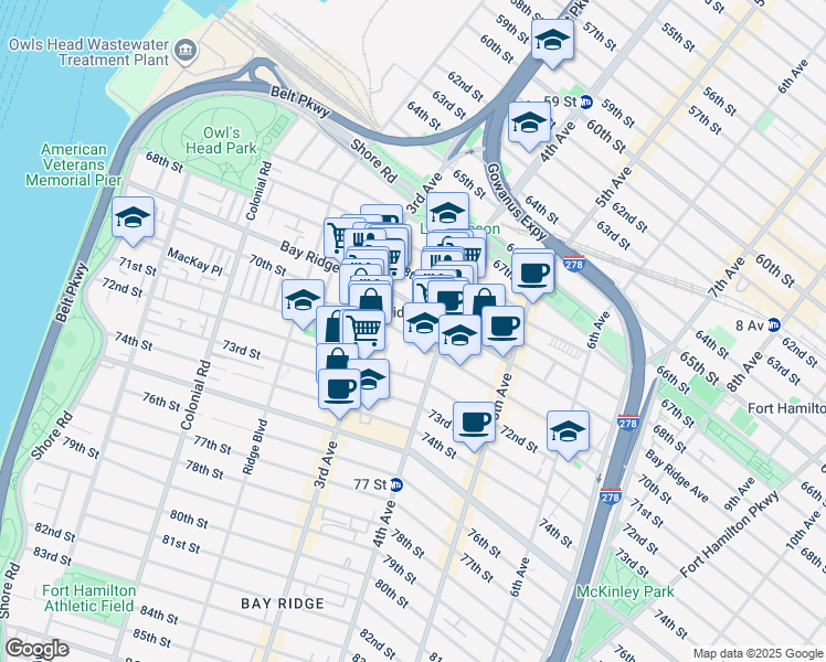 map of restaurants, bars, coffee shops, grocery stores, and more near 342 Bay Ridge Avenue in Brooklyn