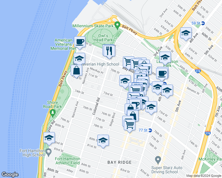 map of restaurants, bars, coffee shops, grocery stores, and more near 138 71st Street in Brooklyn