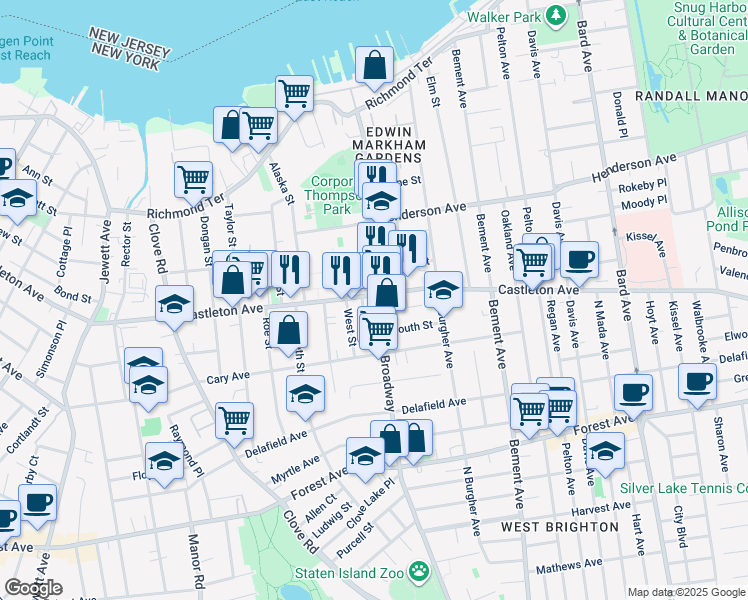 map of restaurants, bars, coffee shops, grocery stores, and more near 244 Broadway in Staten Island