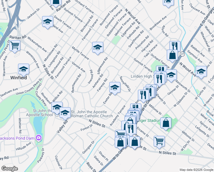 map of restaurants, bars, coffee shops, grocery stores, and more near 520 Fairway Road in Linden