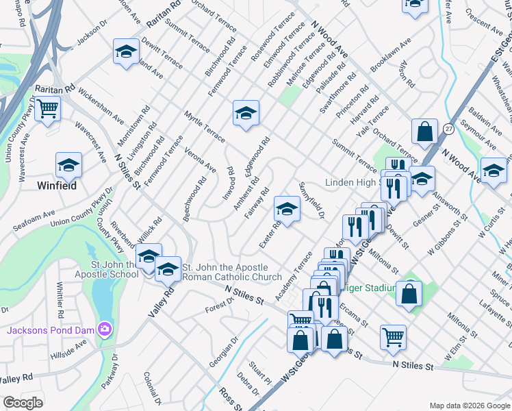 map of restaurants, bars, coffee shops, grocery stores, and more near 520 Fairway Road in Linden