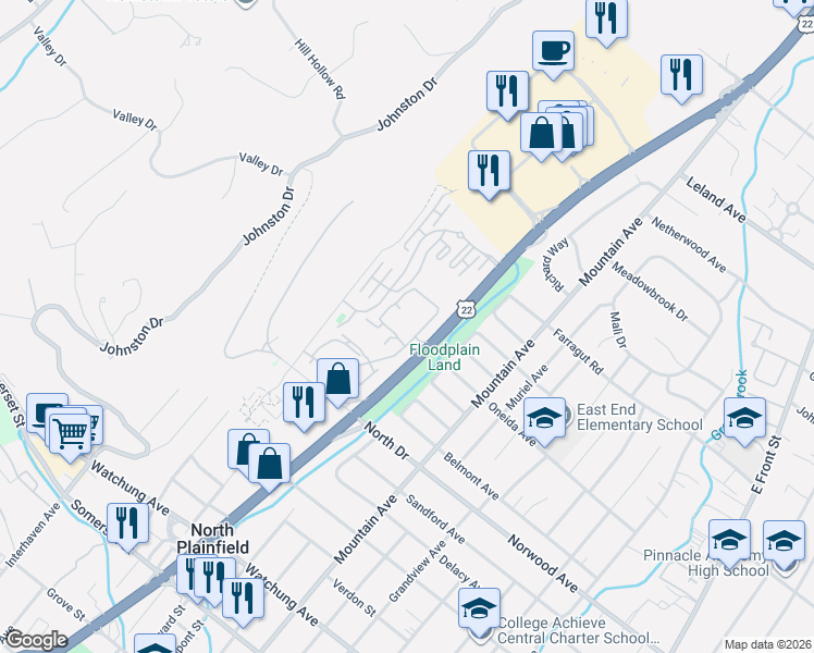 map of restaurants, bars, coffee shops, grocery stores, and more near 12106 Crystal Ridge Drive in Watchung