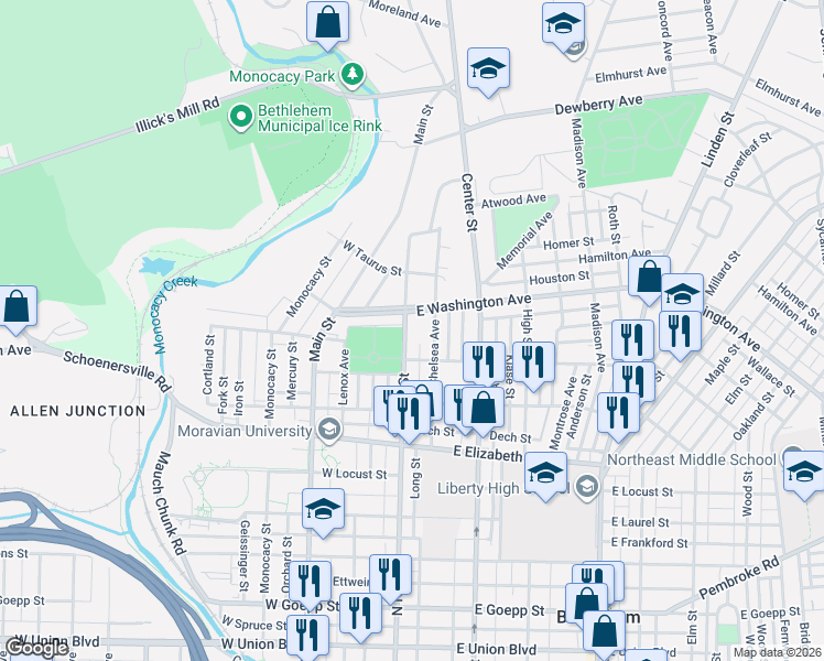 map of restaurants, bars, coffee shops, grocery stores, and more near 7 West Washington Avenue in Bethlehem