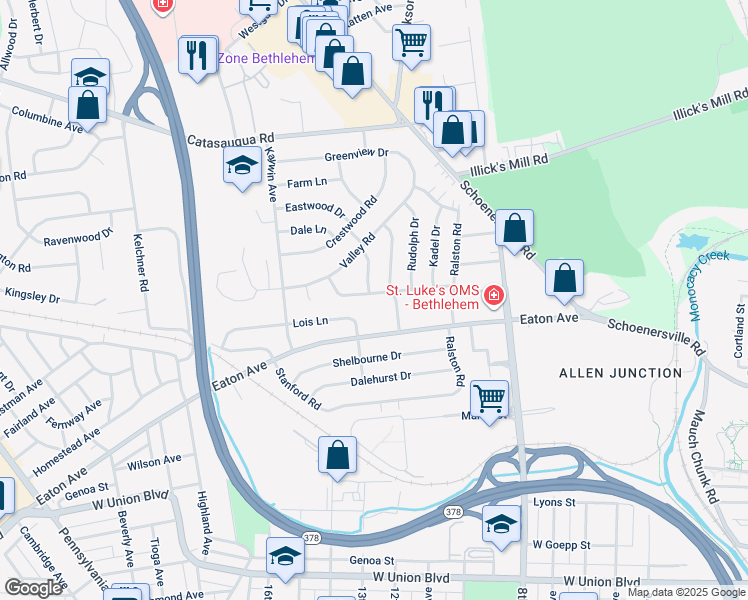 map of restaurants, bars, coffee shops, grocery stores, and more near 1421 Richard Avenue in Bethlehem