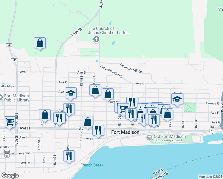 map of restaurants, bars, coffee shops, grocery stores, and more near 1036 Avenue C in Fort Madison