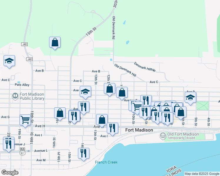 map of restaurants, bars, coffee shops, grocery stores, and more near 1130 Avenue C in Fort Madison