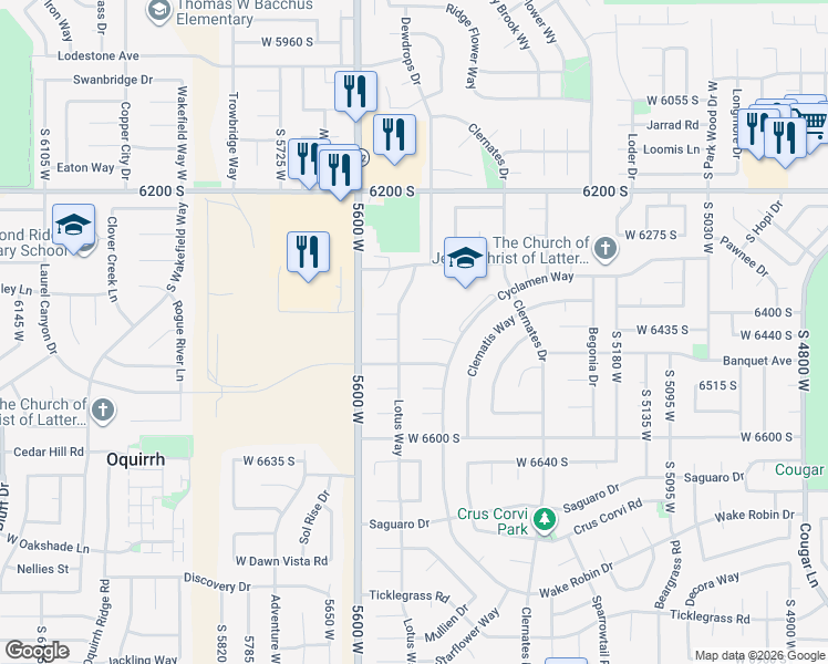 map of restaurants, bars, coffee shops, grocery stores, and more near 5498 Cyclamen Cove in West Jordan
