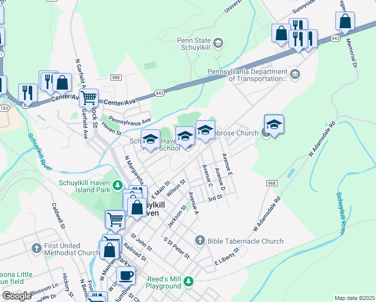 map of restaurants, bars, coffee shops, grocery stores, and more near 501 East Main Street in Schuylkill Haven