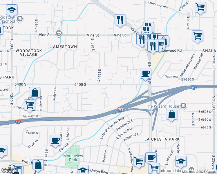 map of restaurants, bars, coffee shops, grocery stores, and more near 6415 Tanner Lane in Murray
