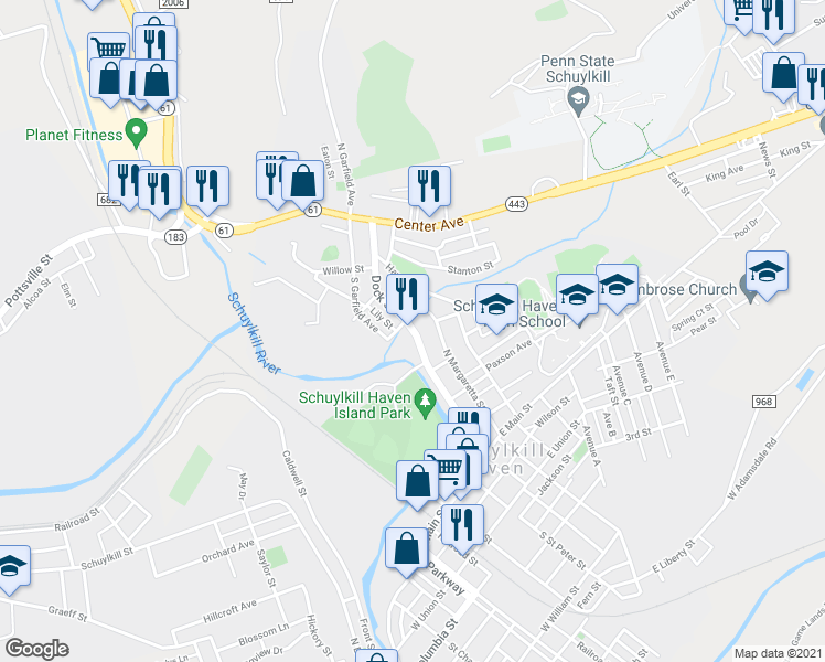 map of restaurants, bars, coffee shops, grocery stores, and more near 252 Dock Street in Schuylkill Haven