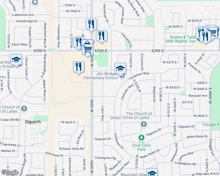 map of restaurants, bars, coffee shops, grocery stores, and more near 5490 Cyclamen Cove in West Jordan