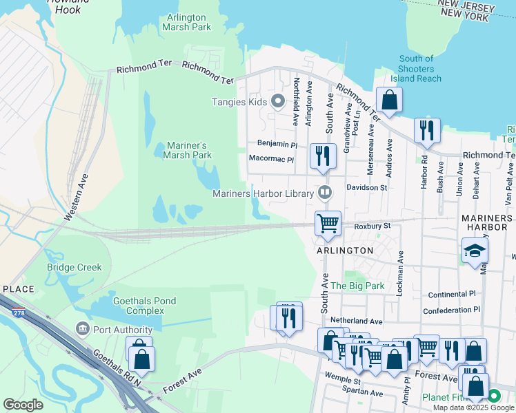 map of restaurants, bars, coffee shops, grocery stores, and more near 1 Pond Way in Staten Island