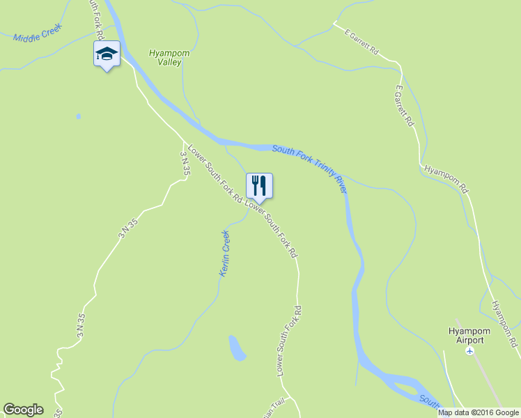 map of restaurants, bars, coffee shops, grocery stores, and more near Lower South Fork Road in Hyampom