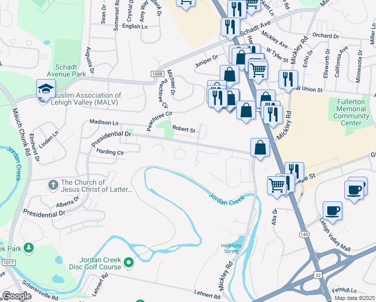 map of restaurants, bars, coffee shops, grocery stores, and more near 1416 Presidential Drive in Fullerton