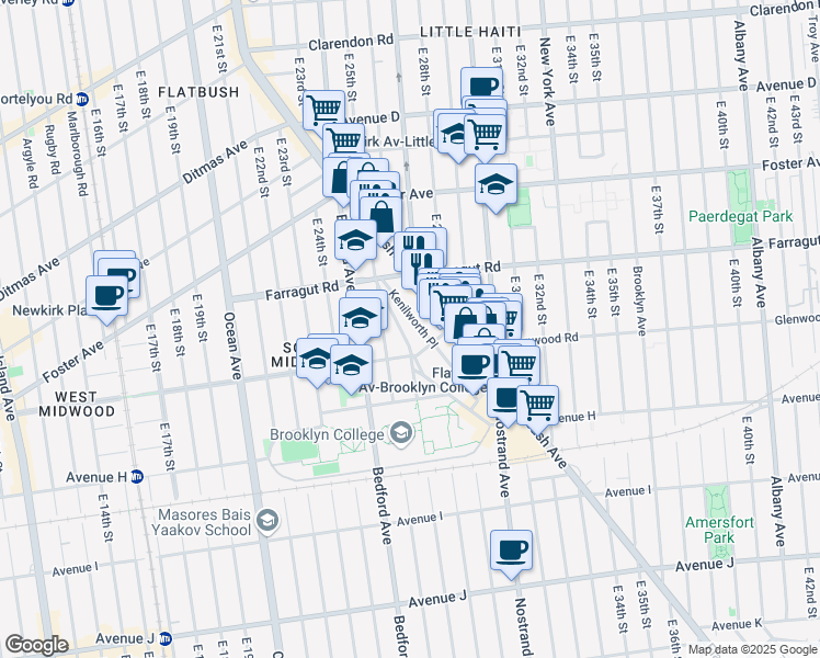 map of restaurants, bars, coffee shops, grocery stores, and more near 50 Kenilworth Place in Brooklyn