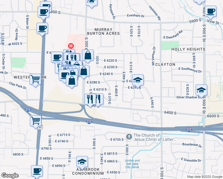 map of restaurants, bars, coffee shops, grocery stores, and more near 6311 South 370 East in Murray