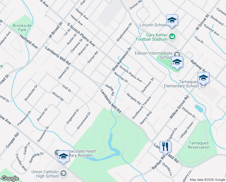 map of restaurants, bars, coffee shops, grocery stores, and more near 5 Radley Court in Westfield