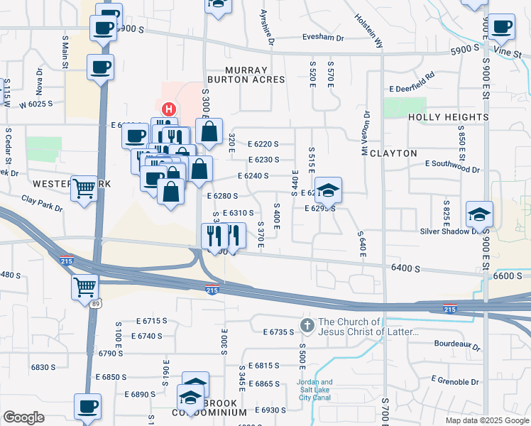 map of restaurants, bars, coffee shops, grocery stores, and more near 6311 South 370 East in Murray