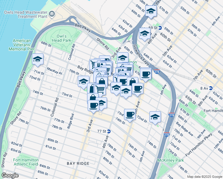 map of restaurants, bars, coffee shops, grocery stores, and more near 345 Ovington Avenue in Brooklyn