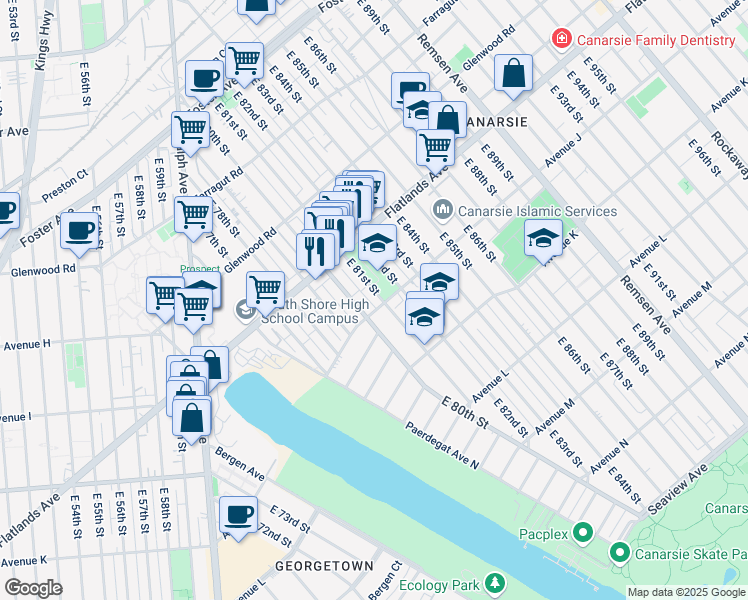 map of restaurants, bars, coffee shops, grocery stores, and more near 956 East 82nd Street in Brooklyn