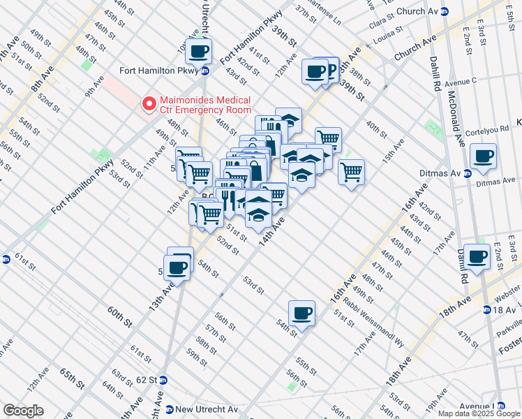 map of restaurants, bars, coffee shops, grocery stores, and more near 1336 48th Street in Brooklyn
