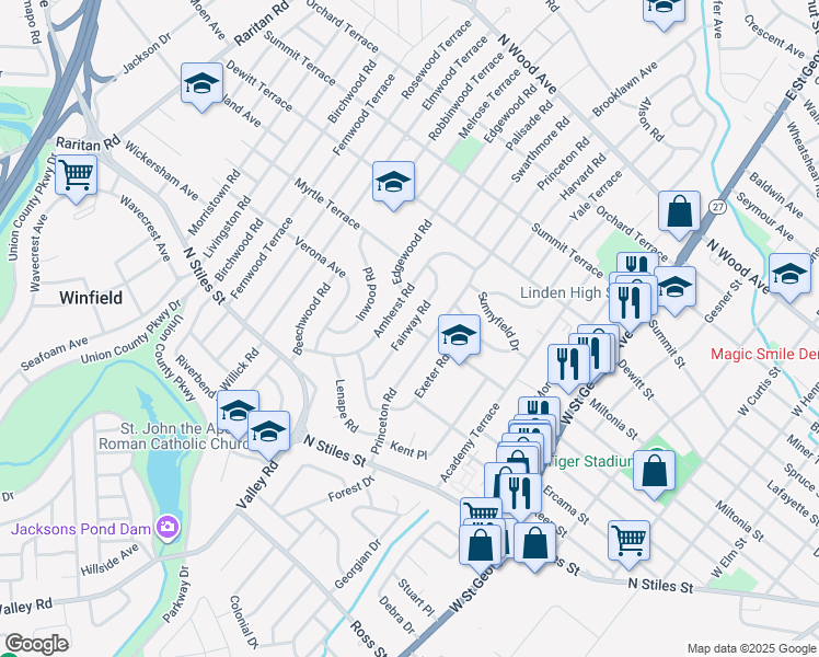map of restaurants, bars, coffee shops, grocery stores, and more near 520 Fairway Road in Linden