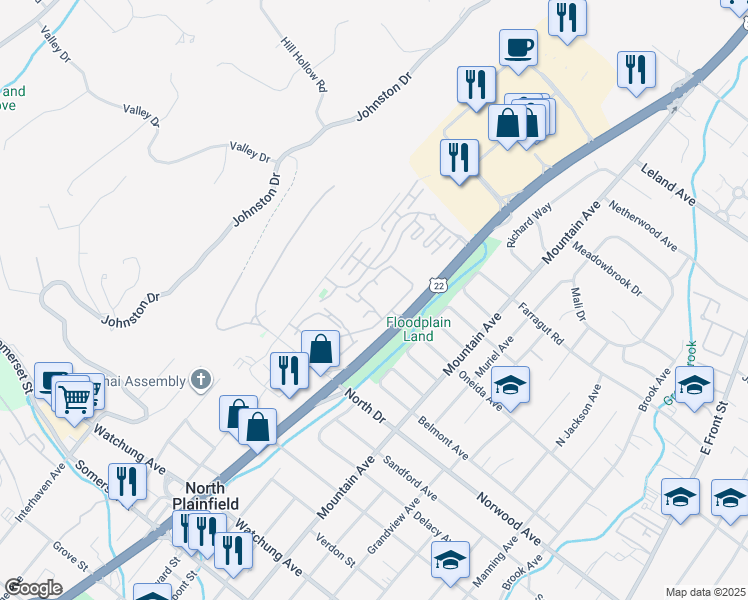 map of restaurants, bars, coffee shops, grocery stores, and more near 12106 Crystal Ridge Drive in Watchung