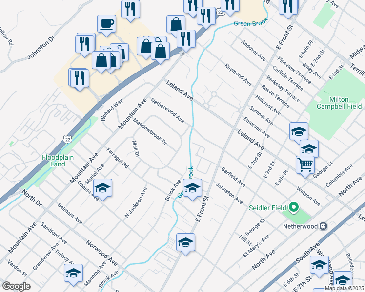map of restaurants, bars, coffee shops, grocery stores, and more near 153 Mali Drive in North Plainfield