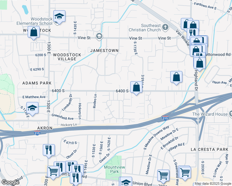 map of restaurants, bars, coffee shops, grocery stores, and more near 6410 South 1650 East in Murray