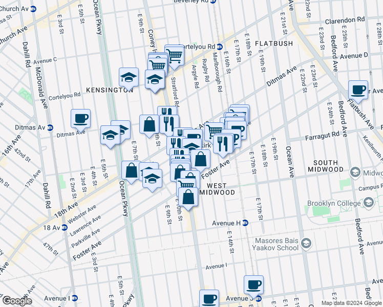 map of restaurants, bars, coffee shops, grocery stores, and more near 570 Westminster Road in Brooklyn