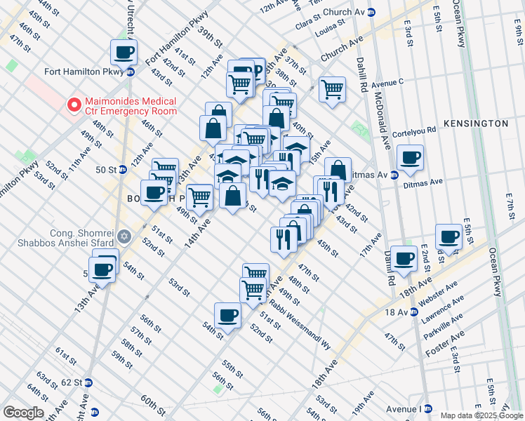 map of restaurants, bars, coffee shops, grocery stores, and more near 1465 45th Street in Brooklyn