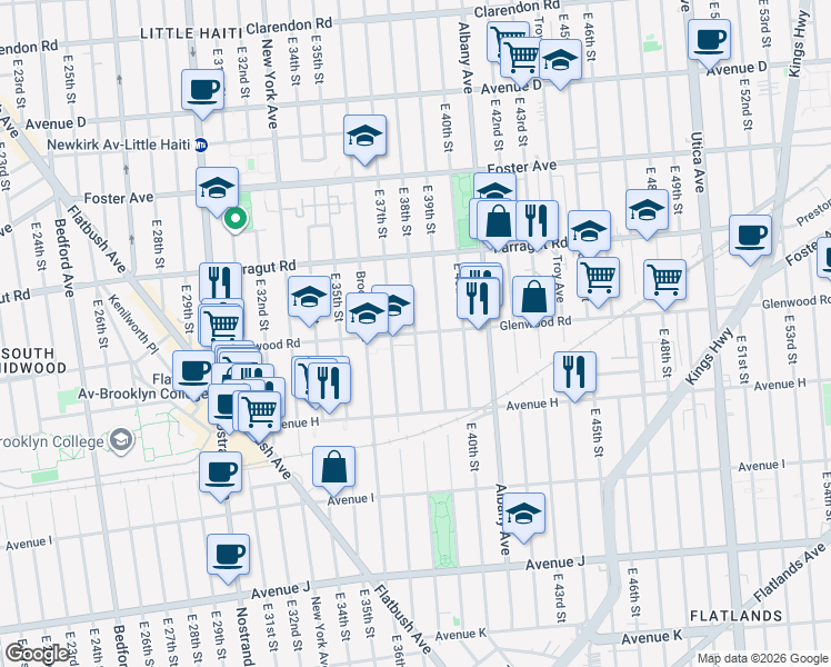 map of restaurants, bars, coffee shops, grocery stores, and more near Glenwood Road & East 38th Street in Brooklyn