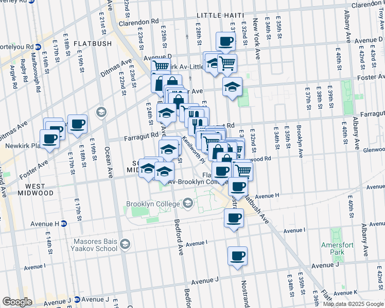 map of restaurants, bars, coffee shops, grocery stores, and more near 50 Kenilworth Place in Brooklyn