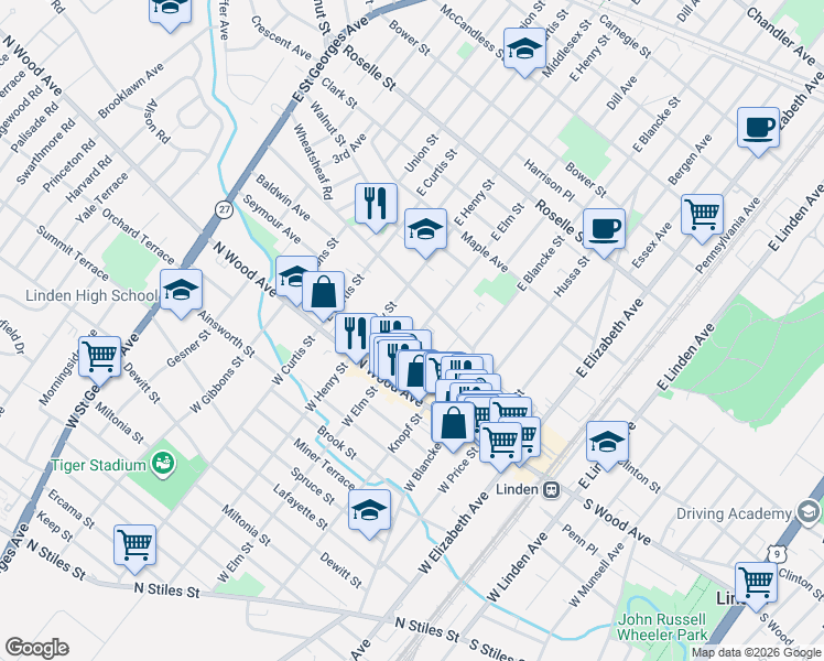 map of restaurants, bars, coffee shops, grocery stores, and more near 528 Washington Avenue in Linden