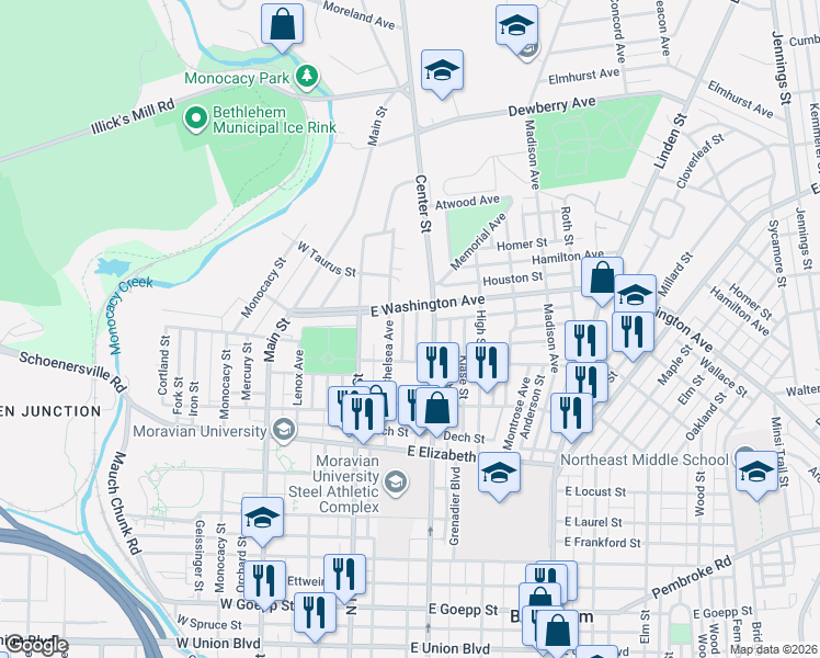 map of restaurants, bars, coffee shops, grocery stores, and more near 34 East Washington Avenue in Bethlehem