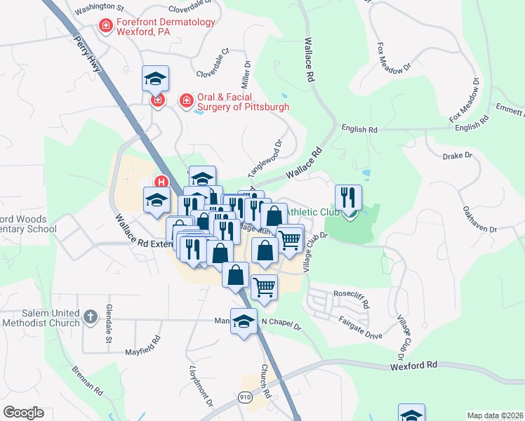 map of restaurants, bars, coffee shops, grocery stores, and more near 208 Village Place in Wexford