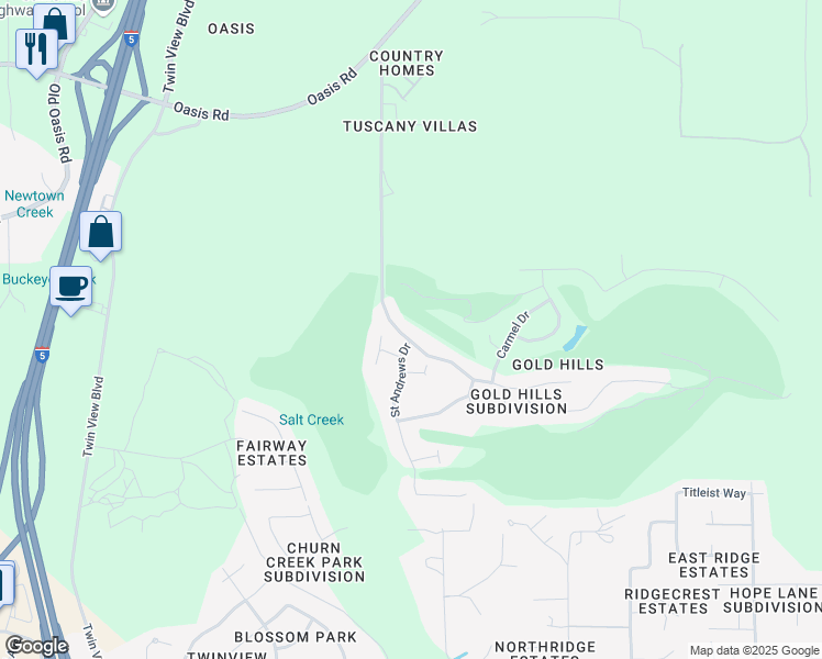 map of restaurants, bars, coffee shops, grocery stores, and more near 1805 Gold Hills Drive in Redding