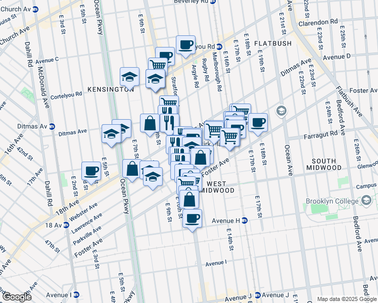 map of restaurants, bars, coffee shops, grocery stores, and more near 570 Westminster Road in Brooklyn