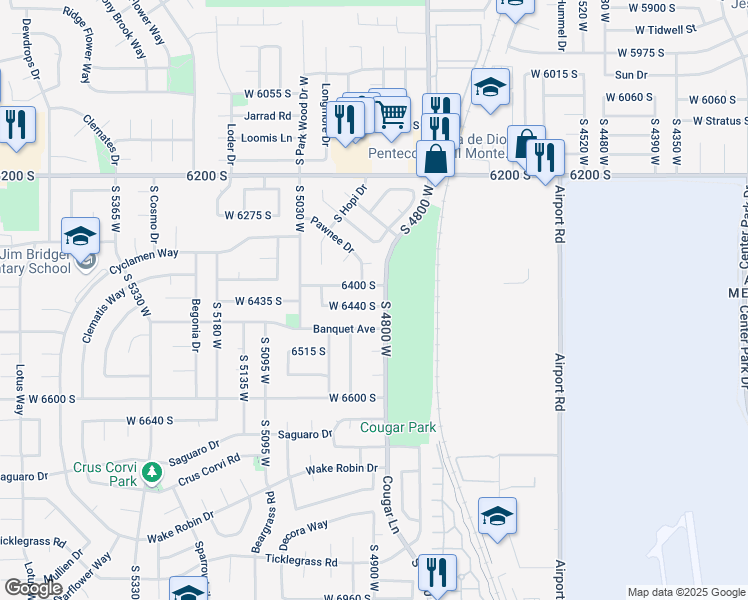 map of restaurants, bars, coffee shops, grocery stores, and more near 4900 West 6400 South in West Jordan