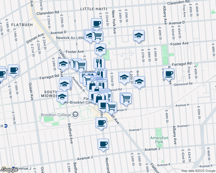 map of restaurants, bars, coffee shops, grocery stores, and more near 654 East 31st Street in Brooklyn