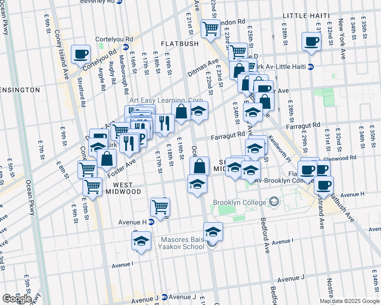 map of restaurants, bars, coffee shops, grocery stores, and more near 641 East 19th Street in Brooklyn