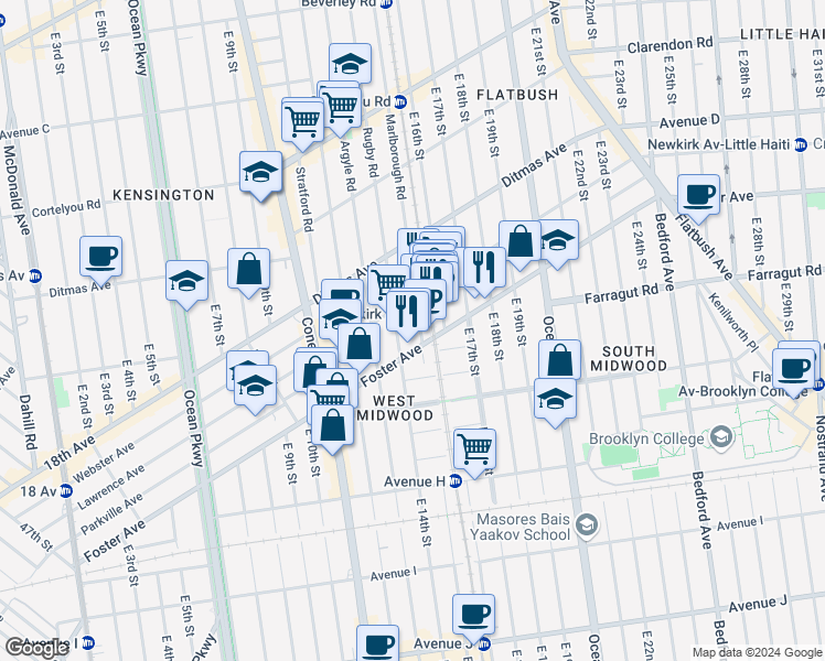 map of restaurants, bars, coffee shops, grocery stores, and more near 1516 Newkirk Avenue in Brooklyn
