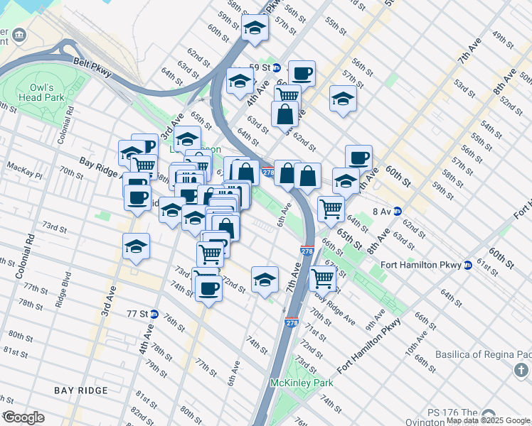 map of restaurants, bars, coffee shops, grocery stores, and more near 538 67th Street in Brooklyn