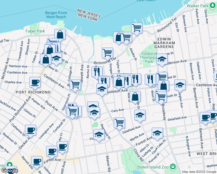 map of restaurants, bars, coffee shops, grocery stores, and more near 136 Bodine Street in Staten Island