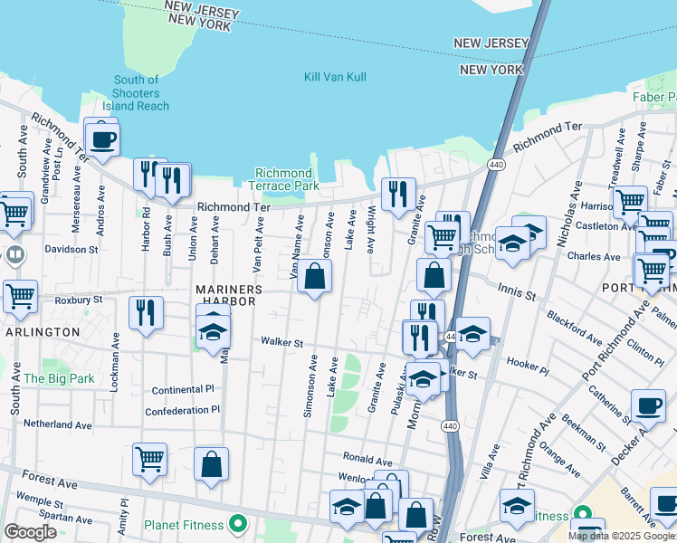 map of restaurants, bars, coffee shops, grocery stores, and more near 72 Lake Avenue in Staten Island