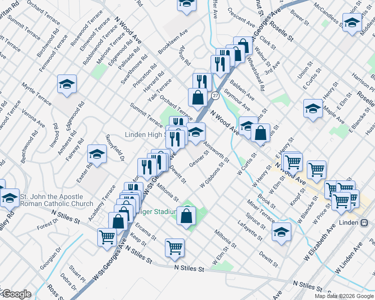 map of restaurants, bars, coffee shops, grocery stores, and more near 200 West Saint Georges Avenue in Linden
