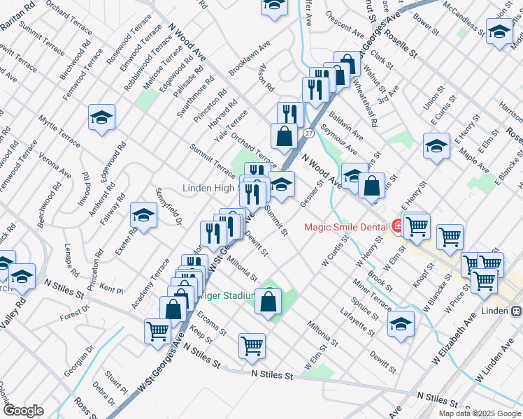 map of restaurants, bars, coffee shops, grocery stores, and more near 200 West Saint Georges Avenue in Linden