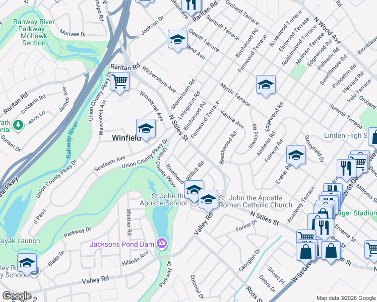 map of restaurants, bars, coffee shops, grocery stores, and more near 700 Midvale Place in Linden