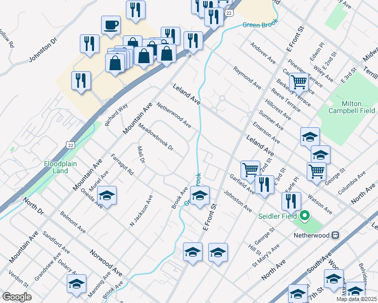 map of restaurants, bars, coffee shops, grocery stores, and more near 153 Mali Drive in North Plainfield